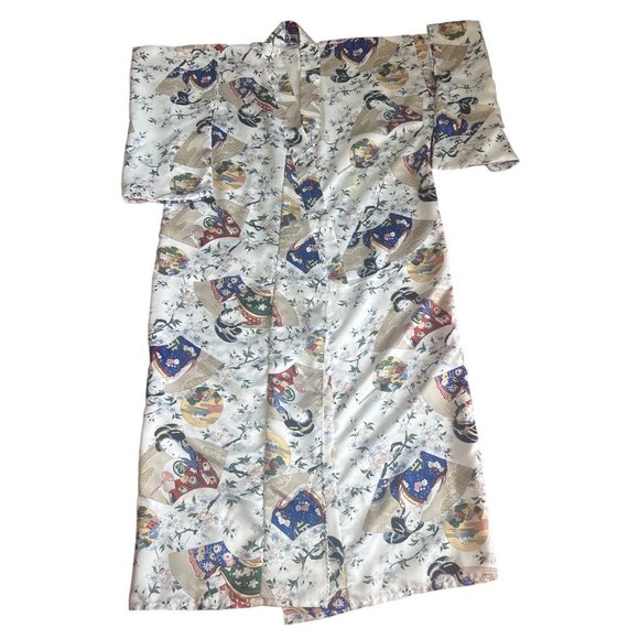 Jade Brand, White Floral Print/Geisha Design Long Polyester Kimono - Picture 9 of 11